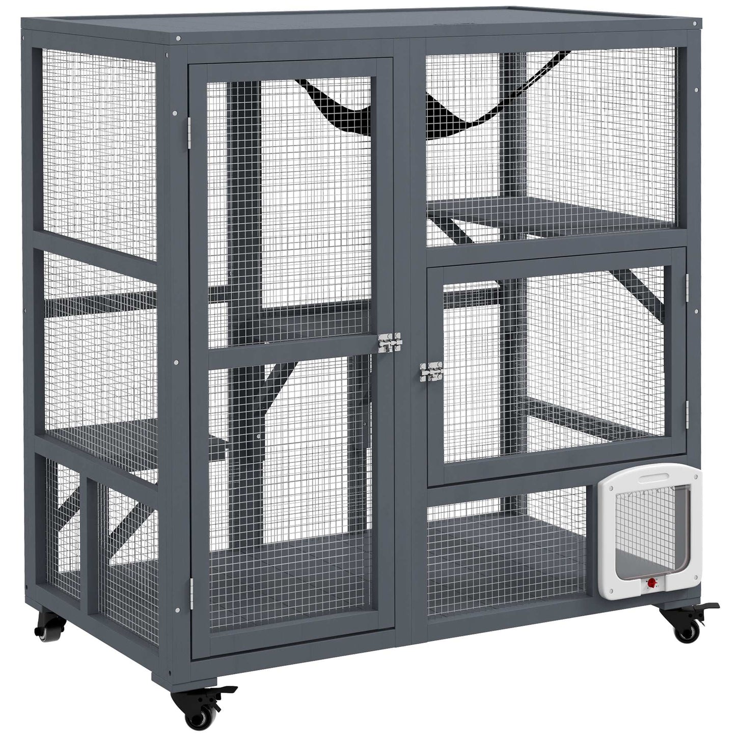 PawHut Cat Cage House, Catio Cat Outdoor Enclosure on Wheels, Weather-Resistant Wooden Kitty Cage W/ Platforms, 100L x 60W x 110Hcm - Light Grey