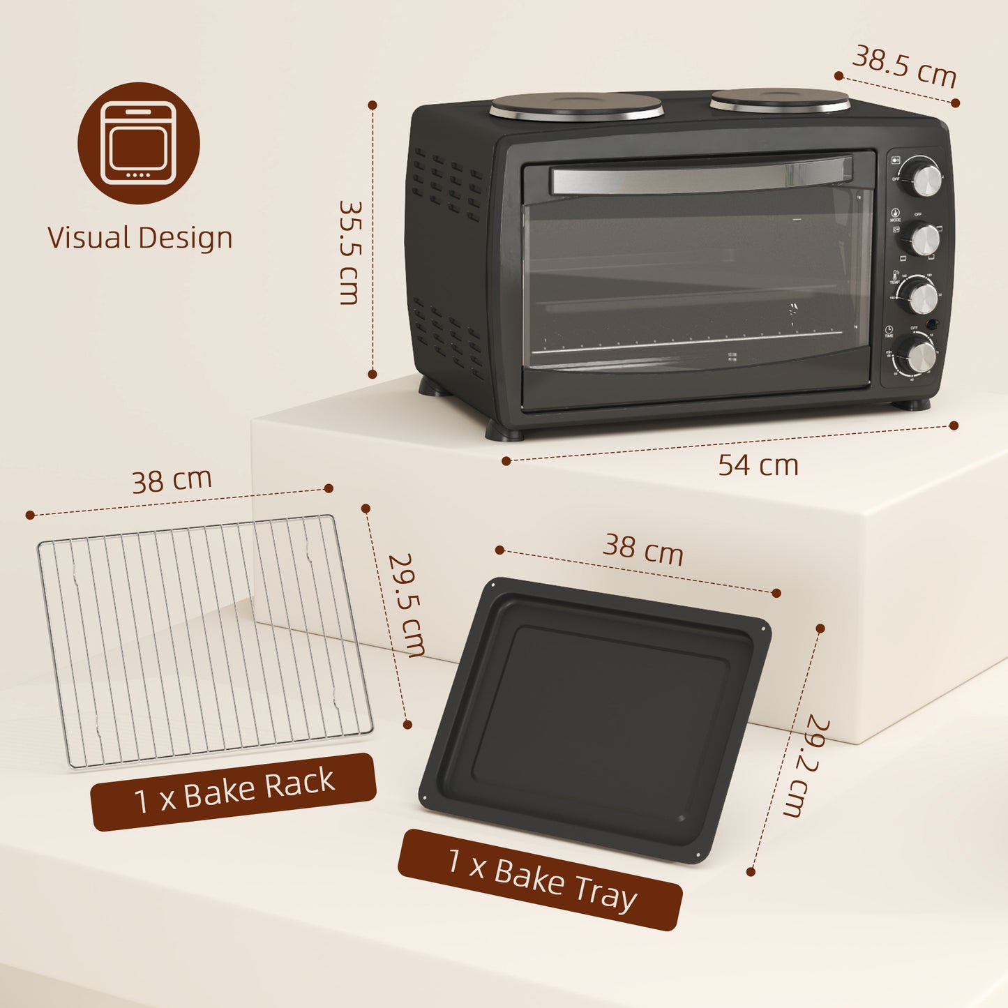 36L Small Oven with 2 Hot Plates, Countertop Toaster Oven, Grill, Roast, Bake, Boil, W/ Timer, Adjustable Temperature, Electric Oven W/ Grill Rack