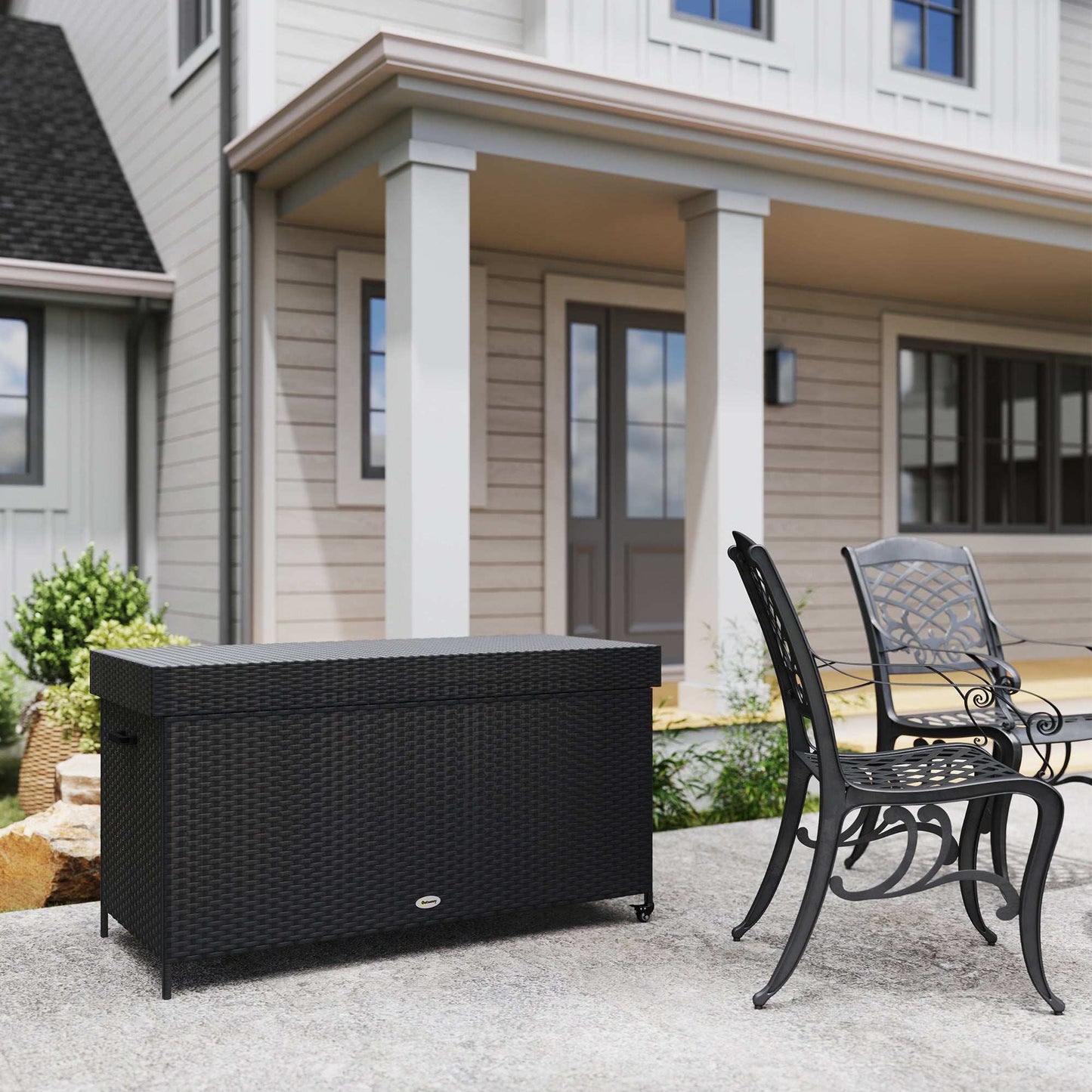 Outsunny 627 L Rattan Outdoor Garden Storage Box - Black