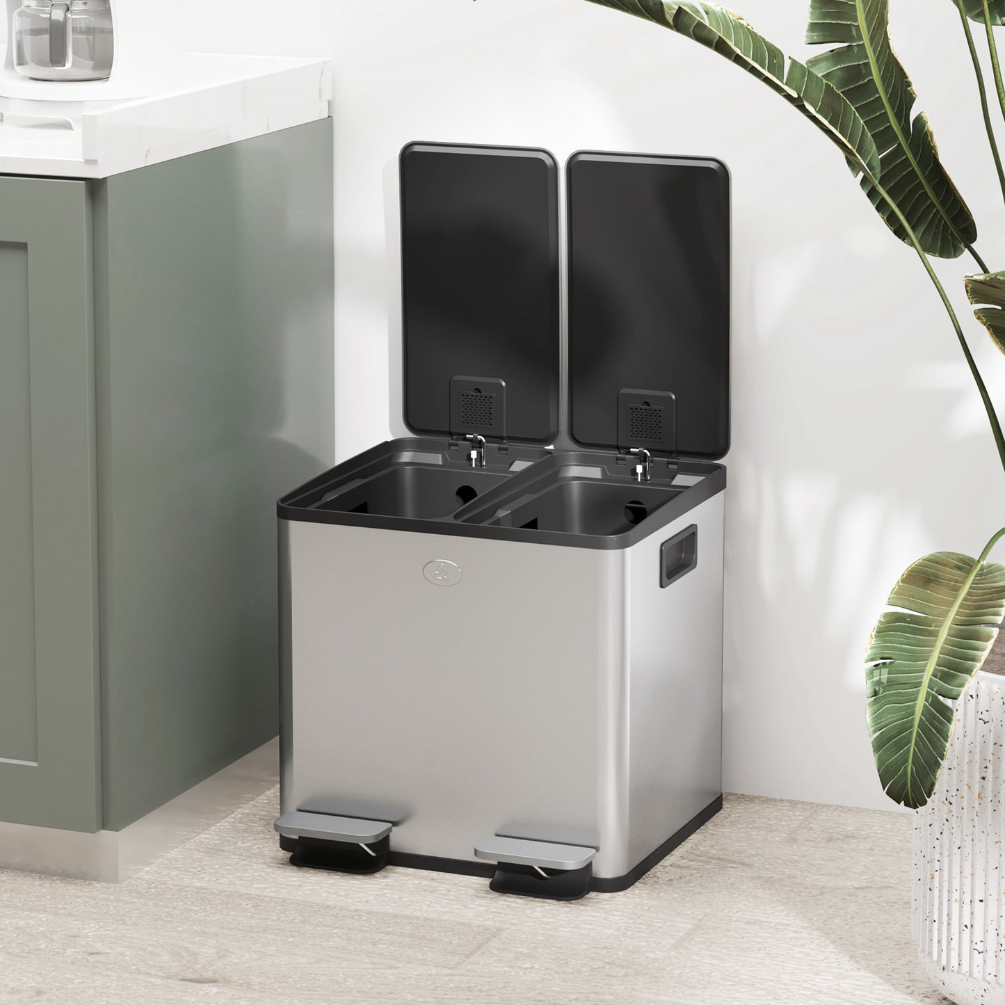 30L Dual Compartment Stainless Steel Bin, with Deodoriser Holders - Silver Tone