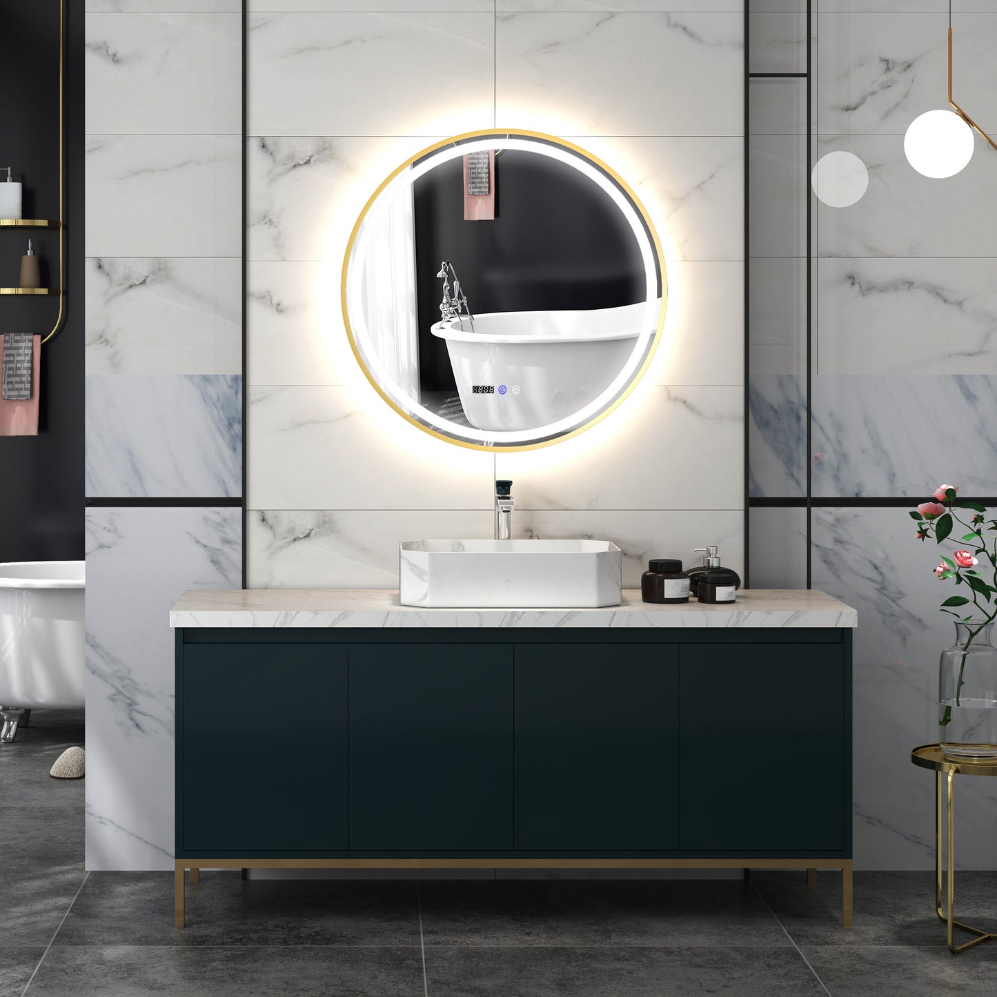 Round Bathroom Mirror with LED Lights, 800mm Backlit Illuminated Bathroom Mirror, Dimmable Wall Mounted Vanity Mirror with Demister Pad, Touch Switch, Gold Tone