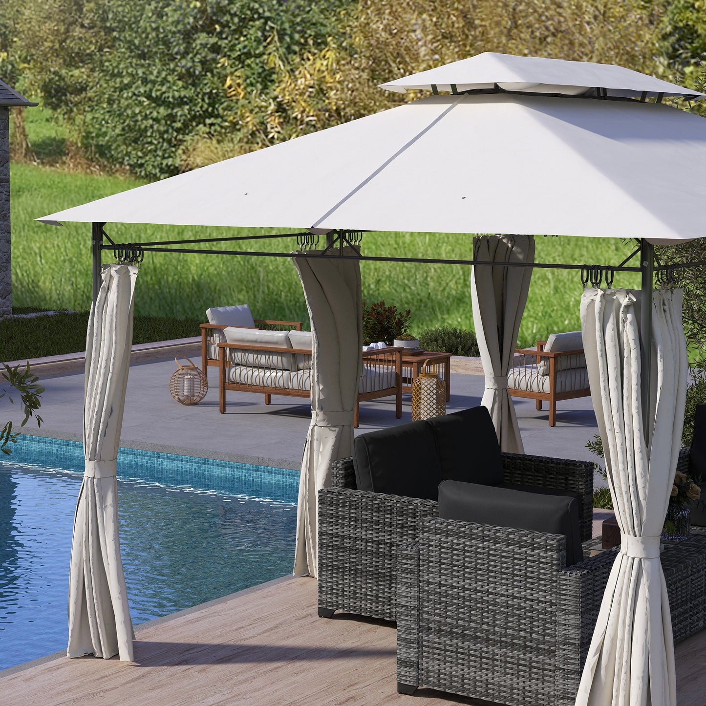Outsunny 3 x 4m Garden Gazebo with Sides, Double Roof Metal Gazebo, Outdoor Gazebo Canopy Shelter for Patio, Deck, Dark Grey