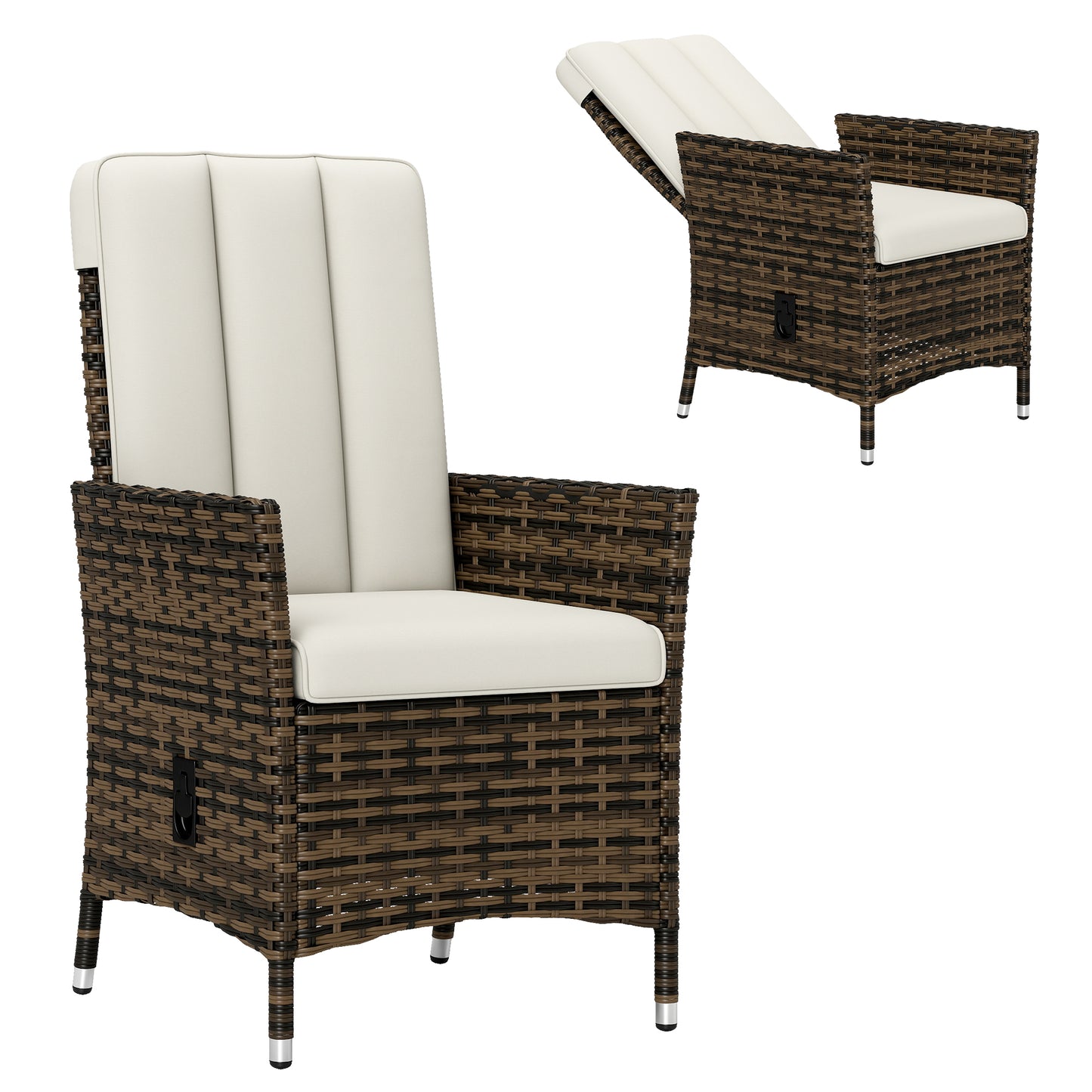 Rattan Garden Recliner Chair, Wicker Reclining Armchair with Adjustable Backrest and Cushion, Outdoor Lounge Sun Lounger, Cream White