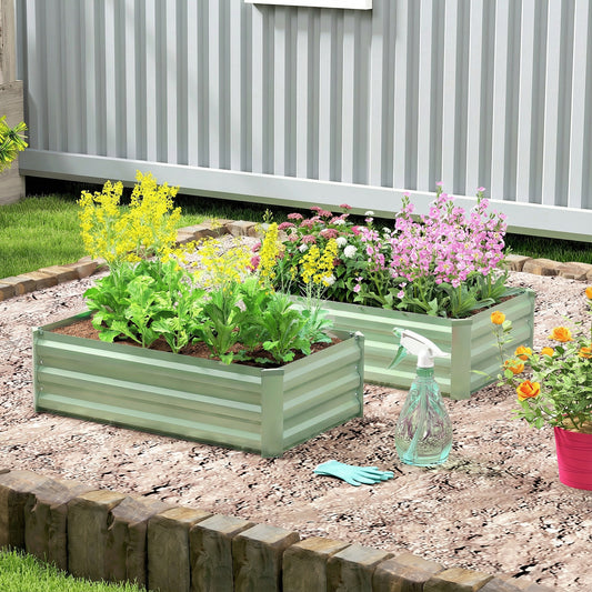 Set of 2 Galvanised Steel Raised Garden Beds | Open Bottom | Direct Soil Contact | No Waterlogging | Easy Assembly | Use Together or Alone | 100x60x30cm | Light Green