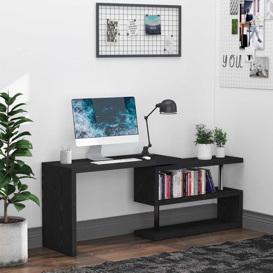 360° Rotating L-Shaped Corner Computer Desk Home Office Writing Table Swivel Workstation with Storage Shelf, Black