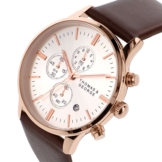 Thomas & George Ottawa 43 Quartz Chronograph Watch | 43mm Round Rose-Gold-Tone Case & Silver Dial | 20mm Brown Leather Strap