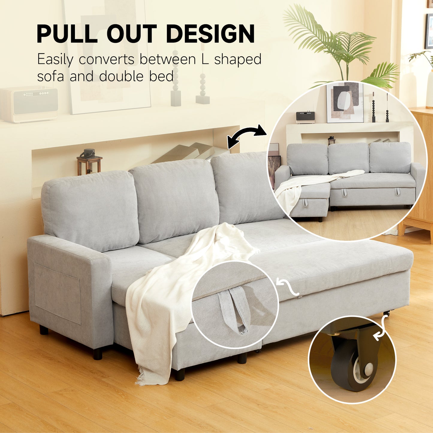 Three Seater L Sofa Bed, with Storage - Light Grey