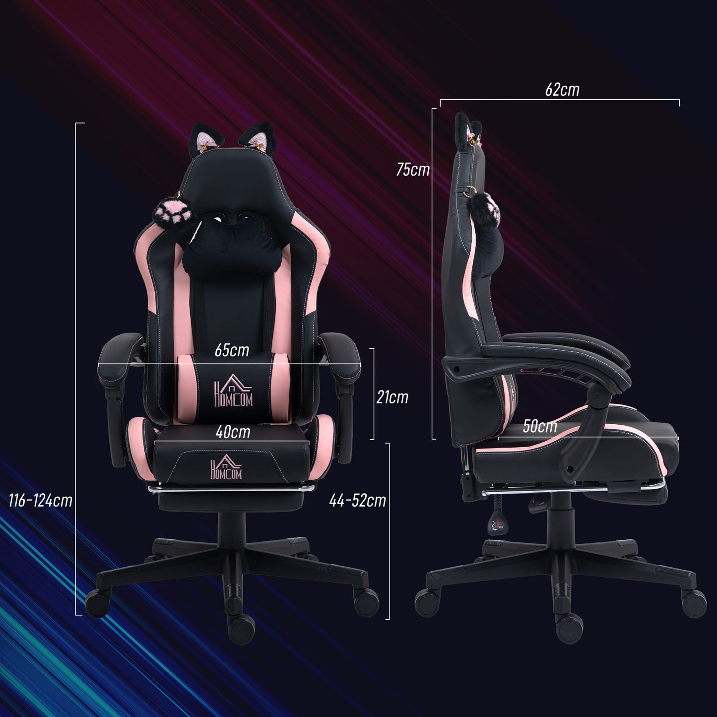 Cat Ear and Paw Reclining Office Chair, with Footrest - Black/Pink