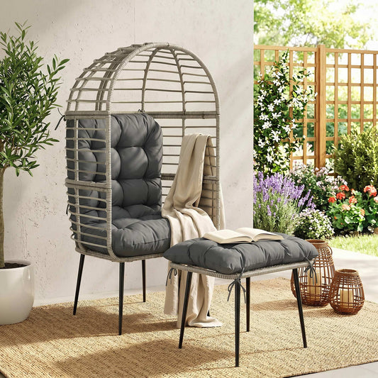 Rattan Egg Chair & Footstool Set | 11cm Tufted Cushions | UV & Weather Resistant PE Rattan | Powder-Coated Steel Frame | 120kg Capacity | Adjustable Feet | Indoor & Outdoor | Light Grey