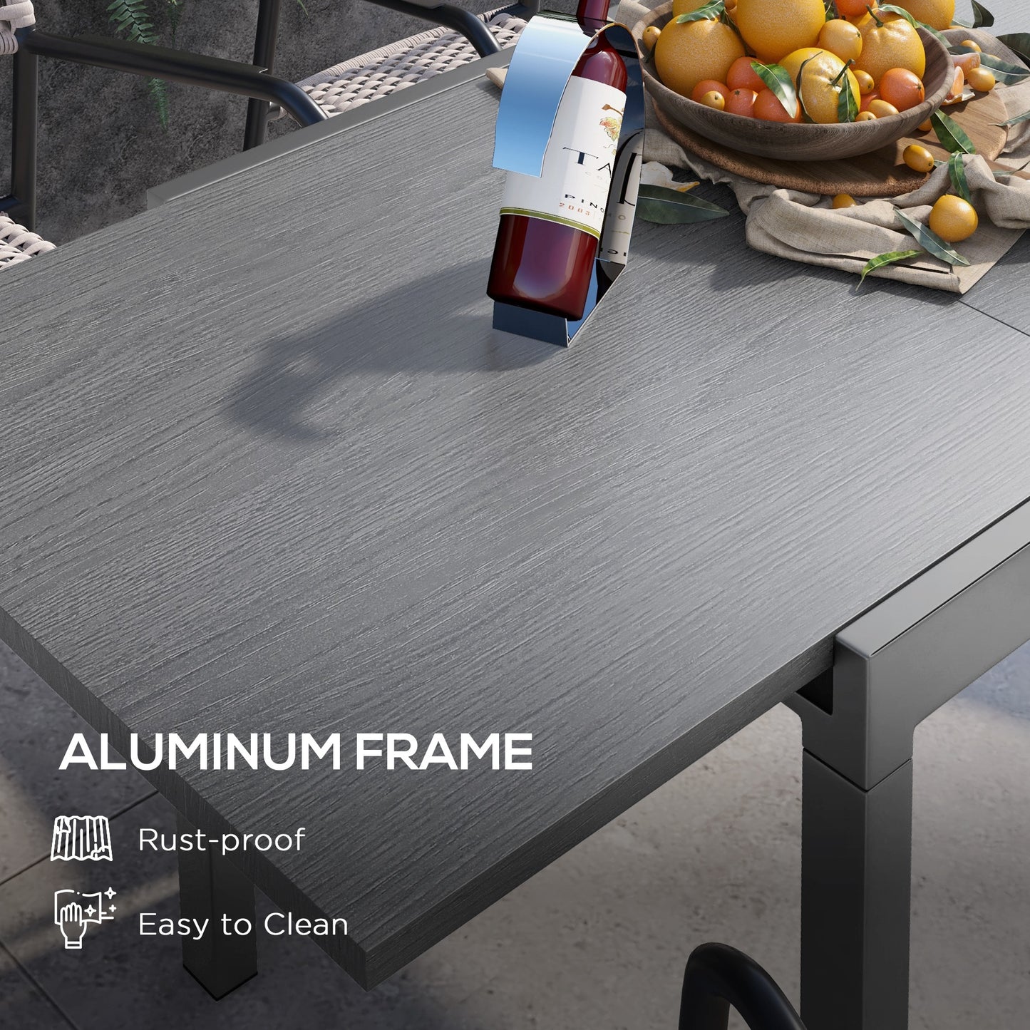 Outsunny Extendable Garden Table for 6 with Aluminium Frame, Steel Tabletop, Dark Grey