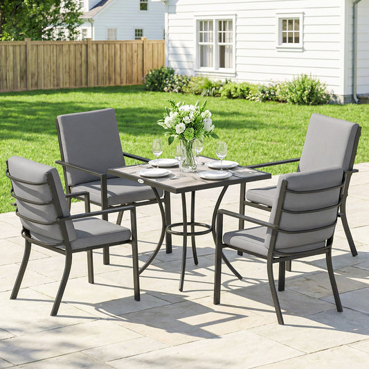 5-Piece Garden Dining Set | 80cm Square Table | 4 Stackable Armchairs | 8cm Seat & 15cm Back Cushions | Washable Covers | Powder-Coated Steel | 120kg Per Chair | Grey Wood Effect
