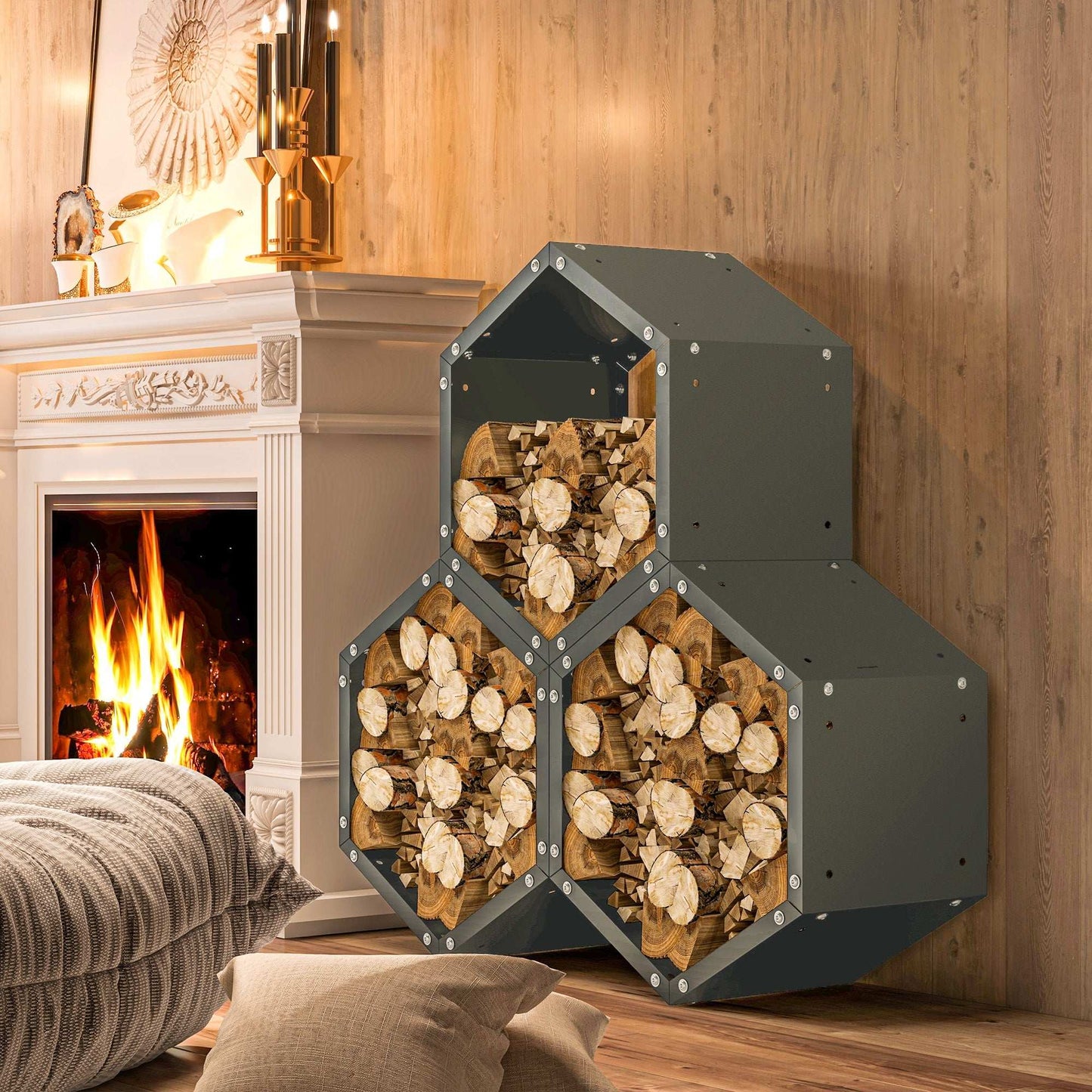 Outsunny Three-Shelf Hexagon Metal Firewood Log Storage Rack Holder Organiser - Grey
