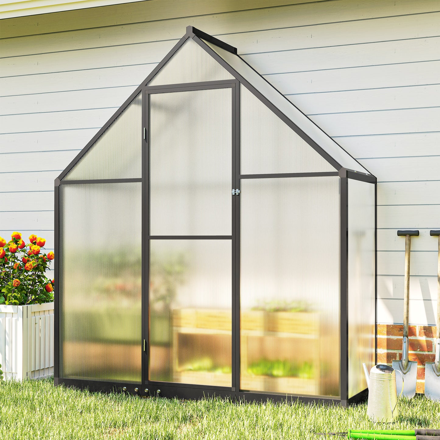 Outsunny Polycarbonate Greenhouse with Swing Door and Adjustable Window, Walk-in Greenhouse, 5.5 x 6.5ft, Black