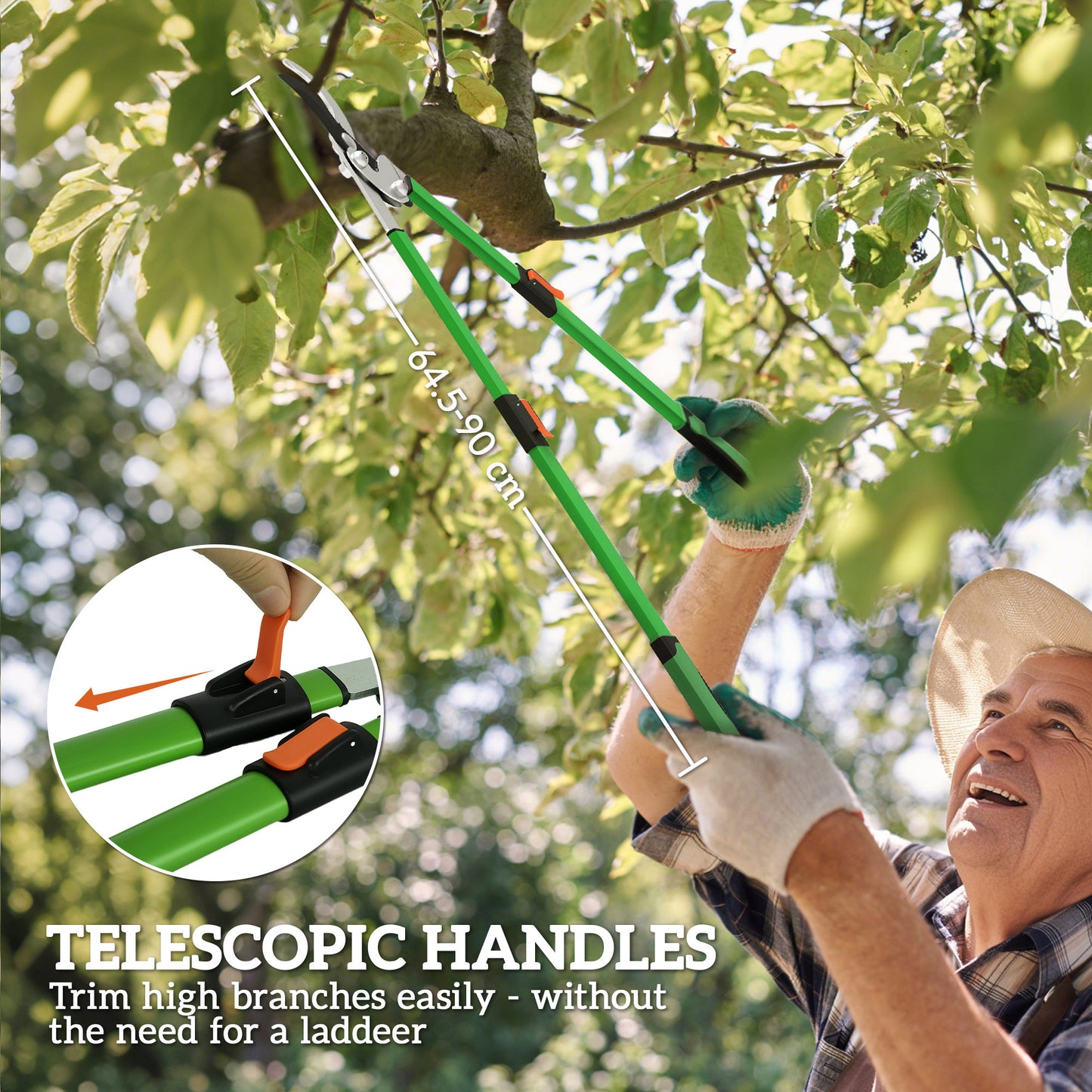 Telescopic Loppers 64.5-90 cm, Extendable Garden Loppers Heavy Duty with Steel Blade and Adjustable Handles, Tree Trimmer for Branches, Bushes, Shrubs, Green