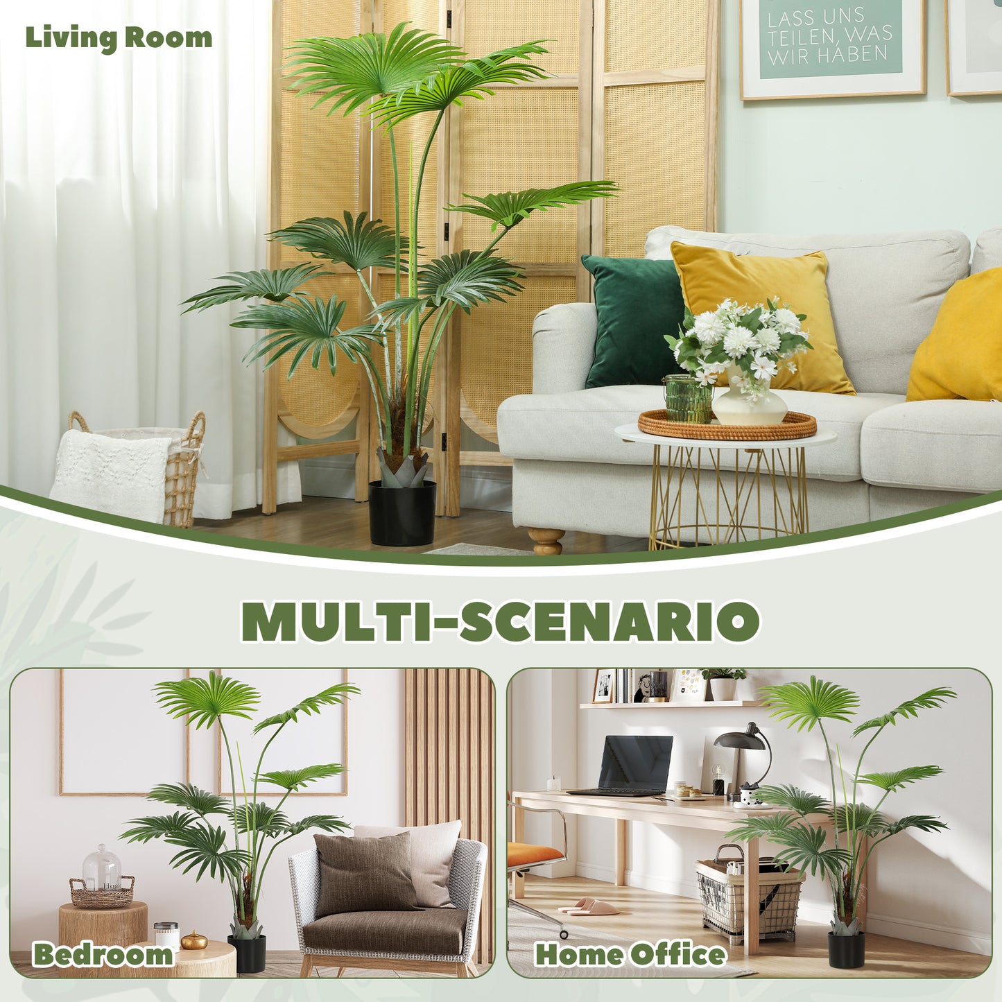 145cm Artificial Palm Tree, Decorative Artificial Plant with Lifelike PEVA Leaves and Coconut Coir, Fake Tree with Plastic Pot and Flocking