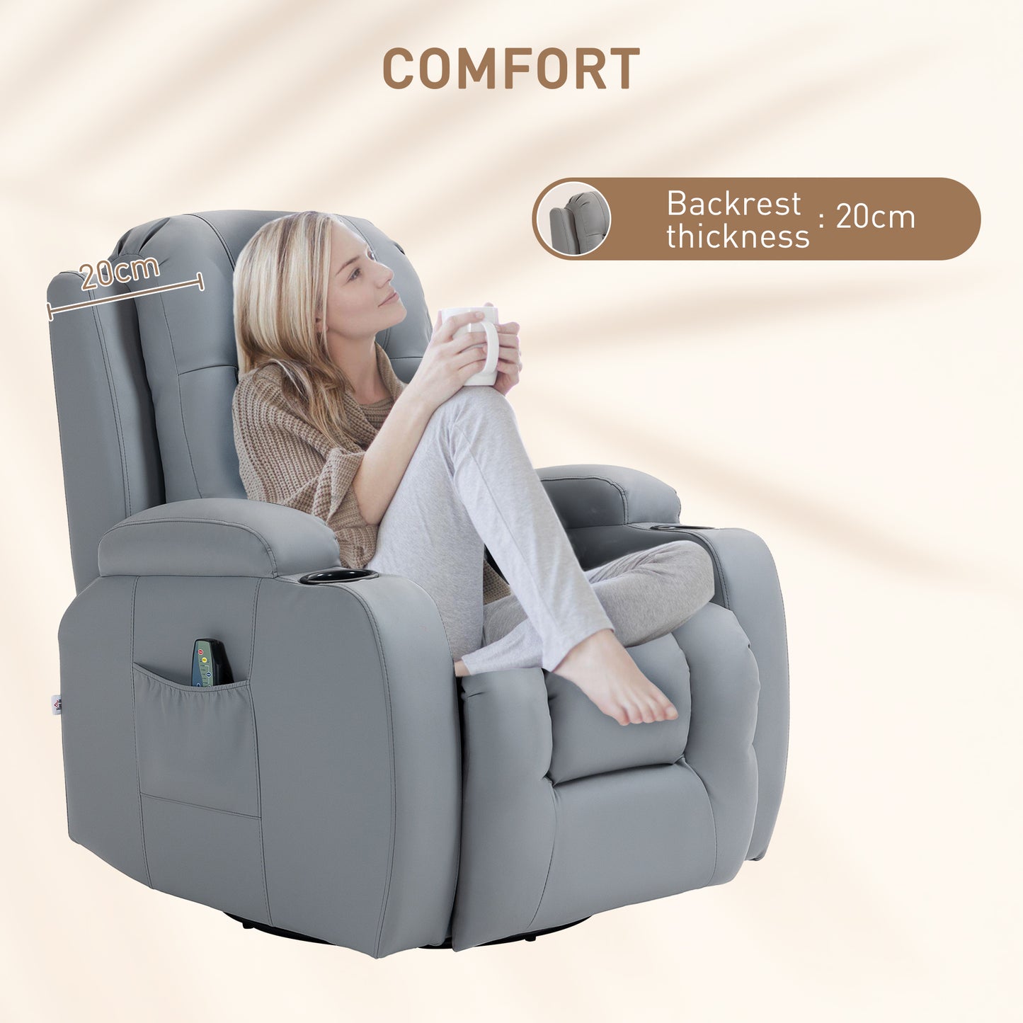 Massage Recliner Chair with 8 Vibration & Heat, PU Leather Recliner Armchair W/ Cup Holders, Side Pockets, Manual Reclining Chair, Light Grey