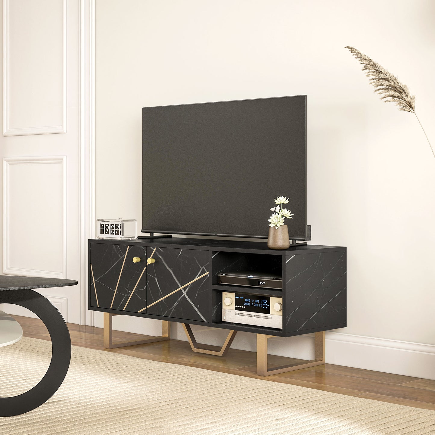 TV Stand Cabinet for TVs up to 50 Inches, TV Unit with Storage Shelves and Cupboard for Living Room, Black Marble Tone