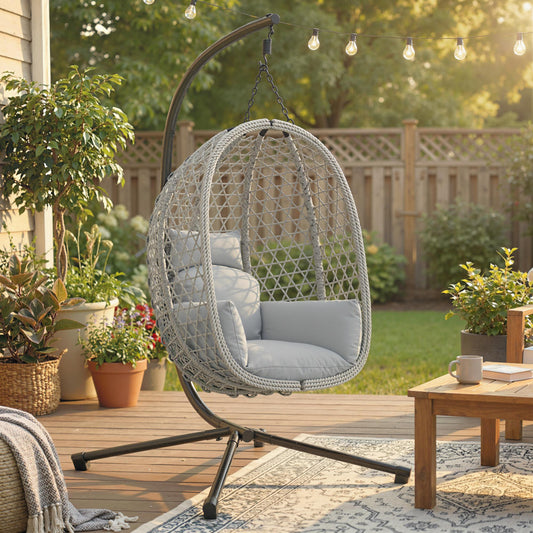 Hanging Egg Chair with Stand | PE Rattan | 15cm Cushion & Headrest | Safety Strap | Foldable Basket | 120kg | Light Grey