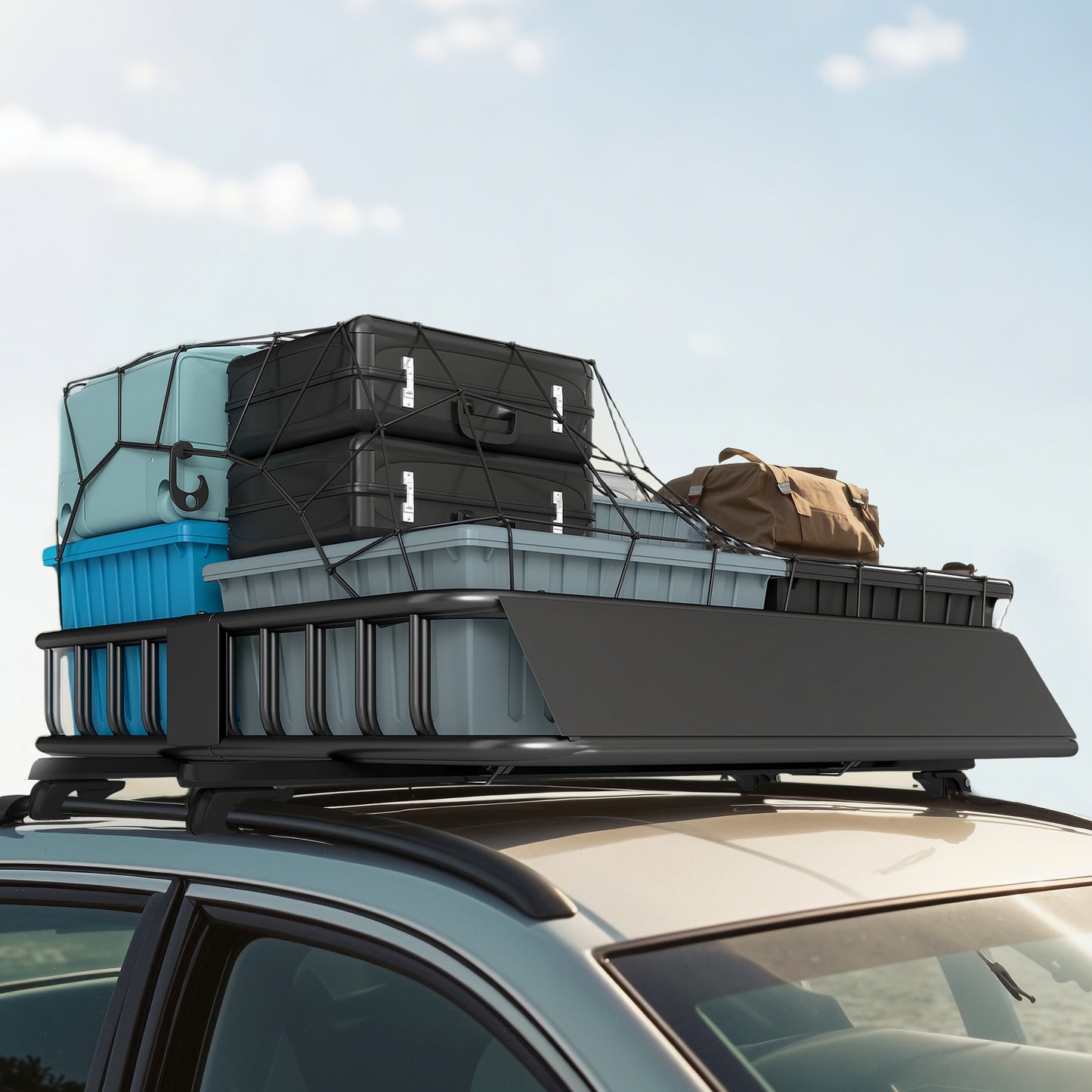 Universal Roof Rack Basket Tray, 90.7 kg Steel Car Rooftop Luggage Cargo Carrier Holder with Wind Fairing, Side Rails for SUVs, Pickups, Sedans, Off-Road Vehicles