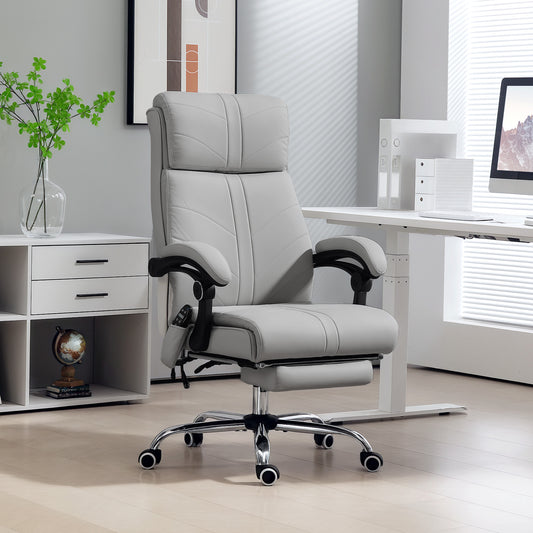 Faux Leather Massage Office Chair | 4 Point Vibration | Lumbar Heat | 3 Modes & Timer | Remote | 135° Recline & Footrest | 45-53cm Seat Height | 120kg | Light Grey