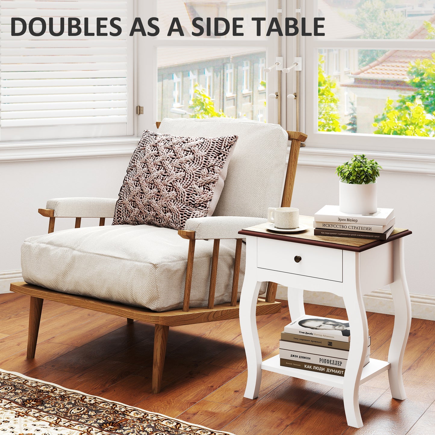 2 Pieces Bedside Tables with Drawer, French Style Bedside Cabinets with Open Shelf for Bedroom, Living Room, White