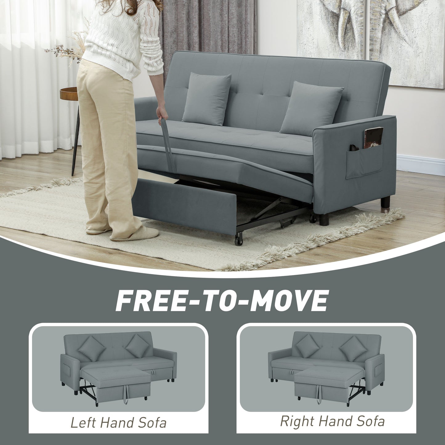 Three-Person Velvet-Feel Sofa Bed - Grey