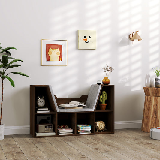 Bookcase Storage Shelf with Cushioned Reading Seat, Cube Bookshelf Organizer for Bedroom Living Room, Chestnut