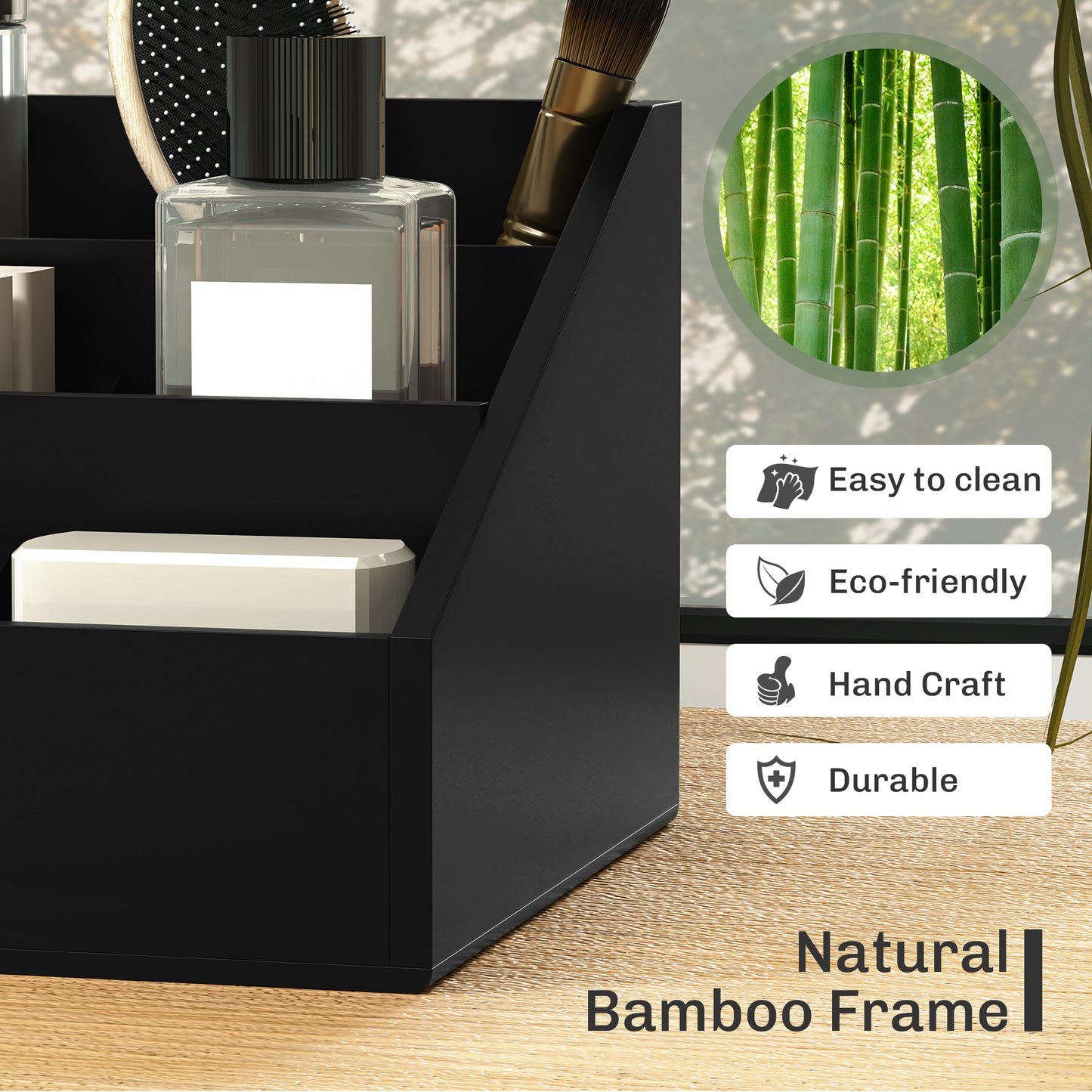 Desk Organiser Holder, Bamboo Multi-Function Storage Caddy with 7 Storage Compartments and 2 Drawers for Home Office Stationary Supplies