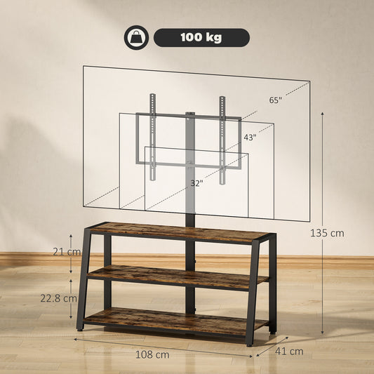 TV Stand Cabinet with Swivel Bracket for 32 - 65 Inch TVs, Industrial TV Cabinet with Open Shelves, Cable Management, Trapezoid-Shaped Steel Frame, Rustic Brown