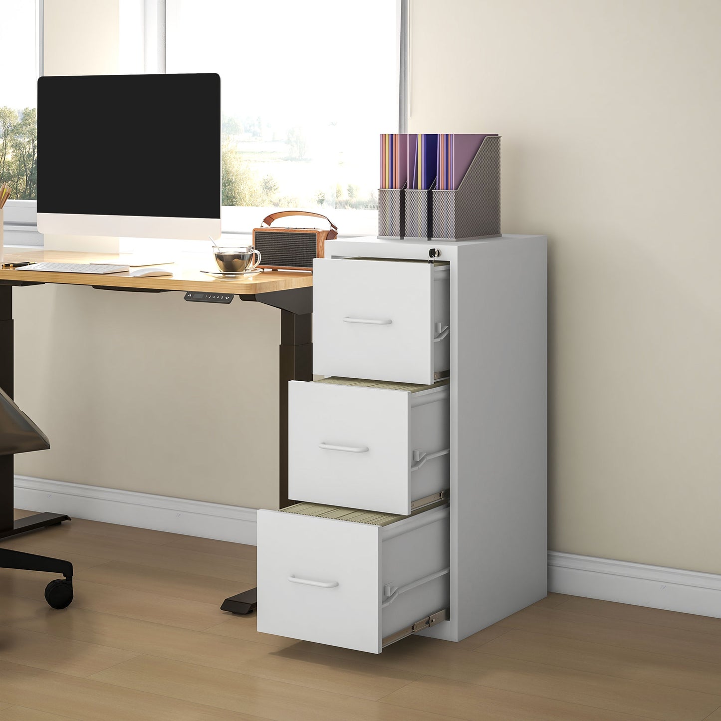 Three-Drawer Modern Steel Filing Cabinet Organiser Storage Unit - White