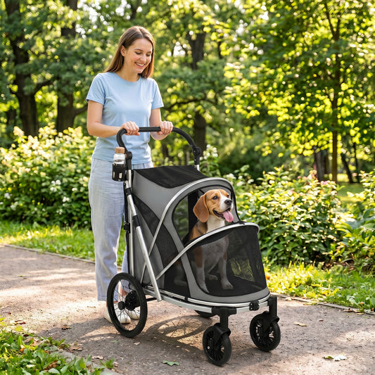 Dog Stroller for Small & Medium Dogs | Rust-Resistant Aluminium Frame | Breathable Mesh Windows | Adjustable Handlebar | Removable Cushion | Quick Fold | 16" & 8" Wheels | 20kg Max | 94x69x118cm | Grey