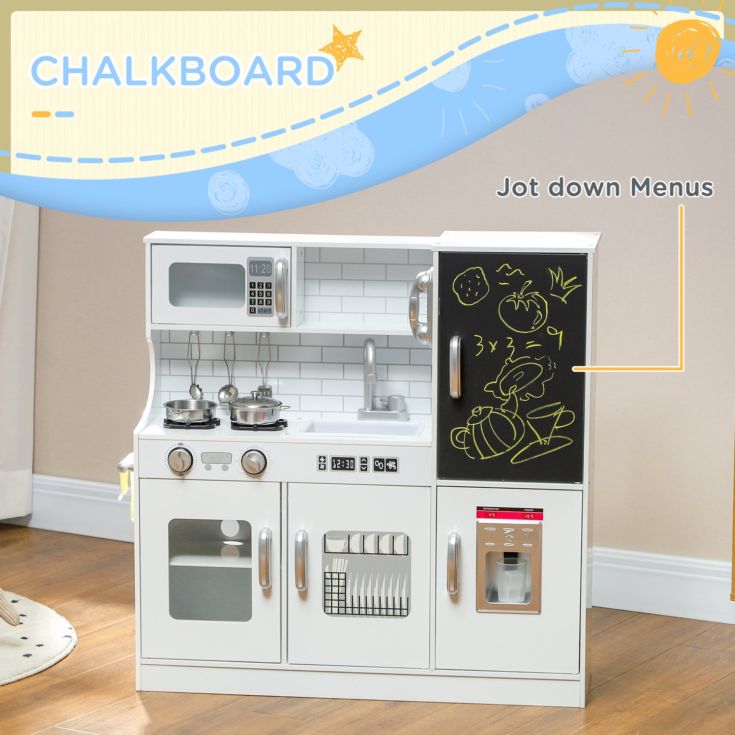 Pretend Play Kitchen, Kids Kitchen Playset, with Toy Phone, Chalkboard, Microwave, Cooking Stove, Sink, White
