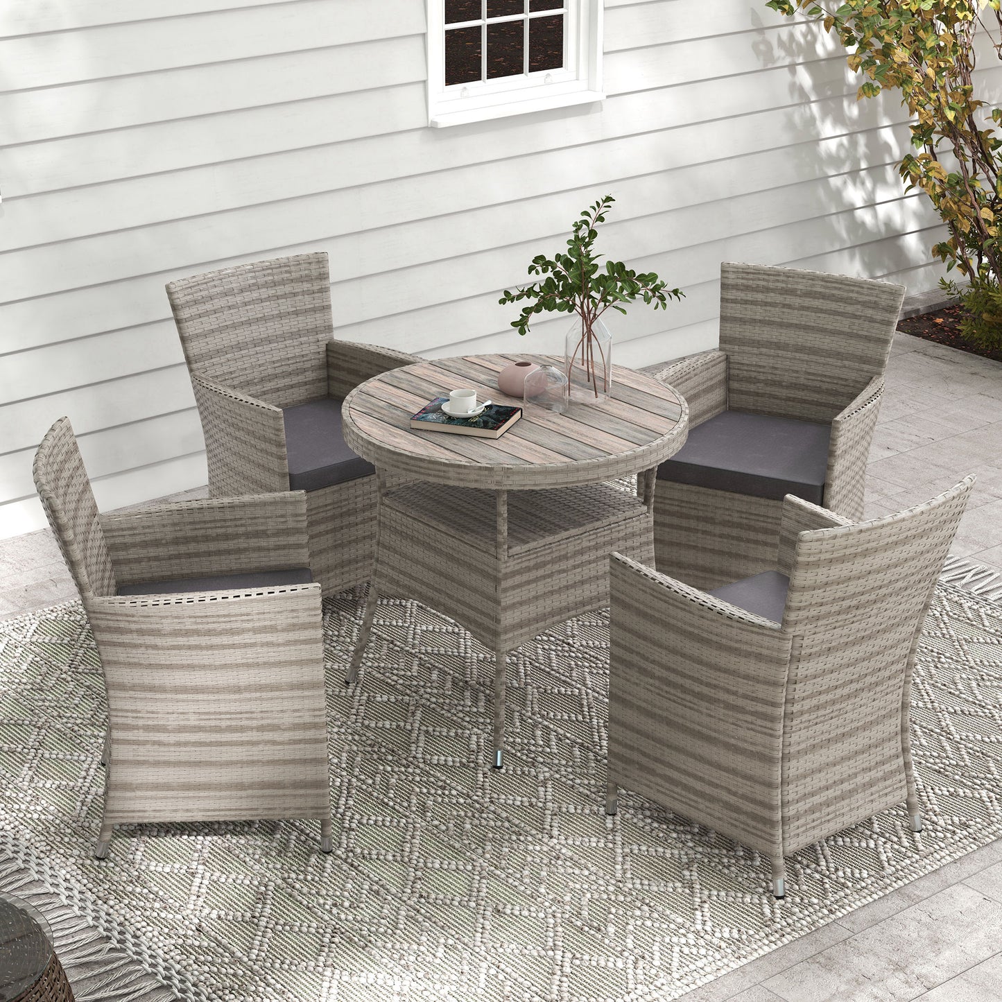 Outsunny Rattan Dining Set 5 Pieces with Removable Cushions, Slatted Tabletop for Patio, Lawn, Balcony, Grey