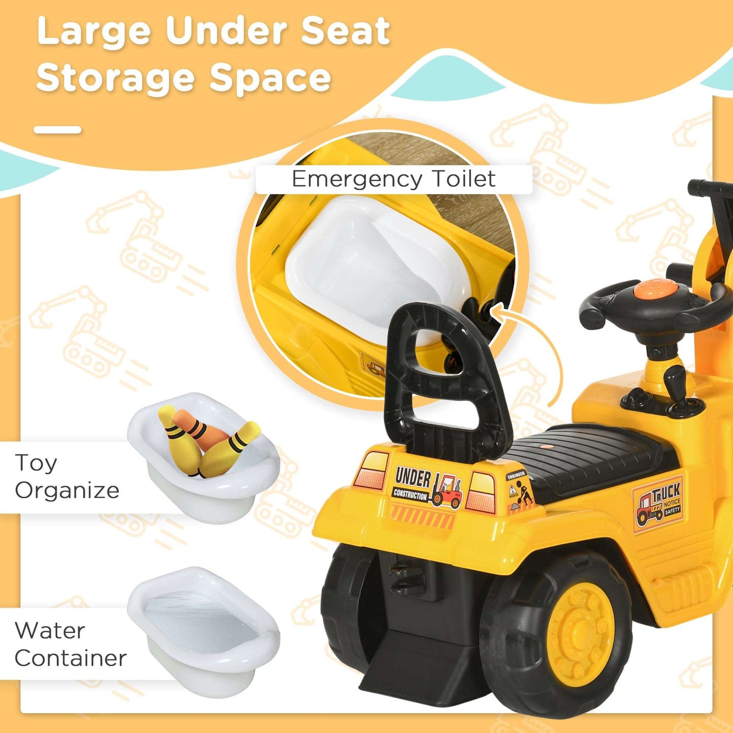 2 in 1 Toddler / Kids Ride On Tractor Pull Cart with Bucket, Under Seat Storage, Horn, High Backrest, for 1.5-4 Years Old, Yellow