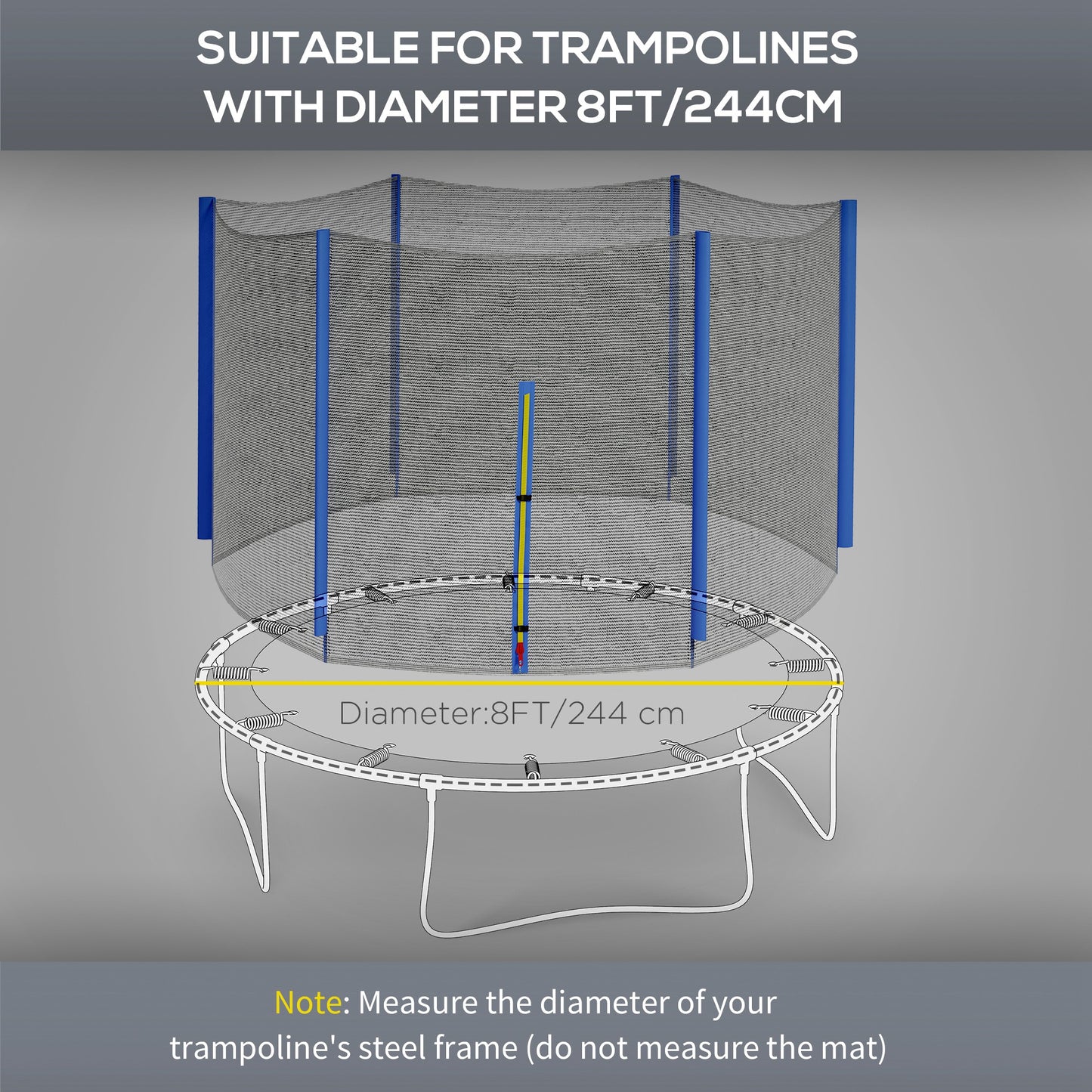 SPORTNOW Trampoline Net Replacement for 8ft Round Trampoline with 6 Straight Poles, Weather-Resistant Trampoline Netting Replacement with Zipped Entrance, Poles Not Included, Blue