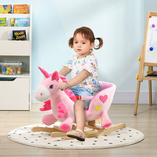 Kids Rocking Horse Ride on Unicorn with Songs, Wooden Base, Seat Belt, for 18-36 Months