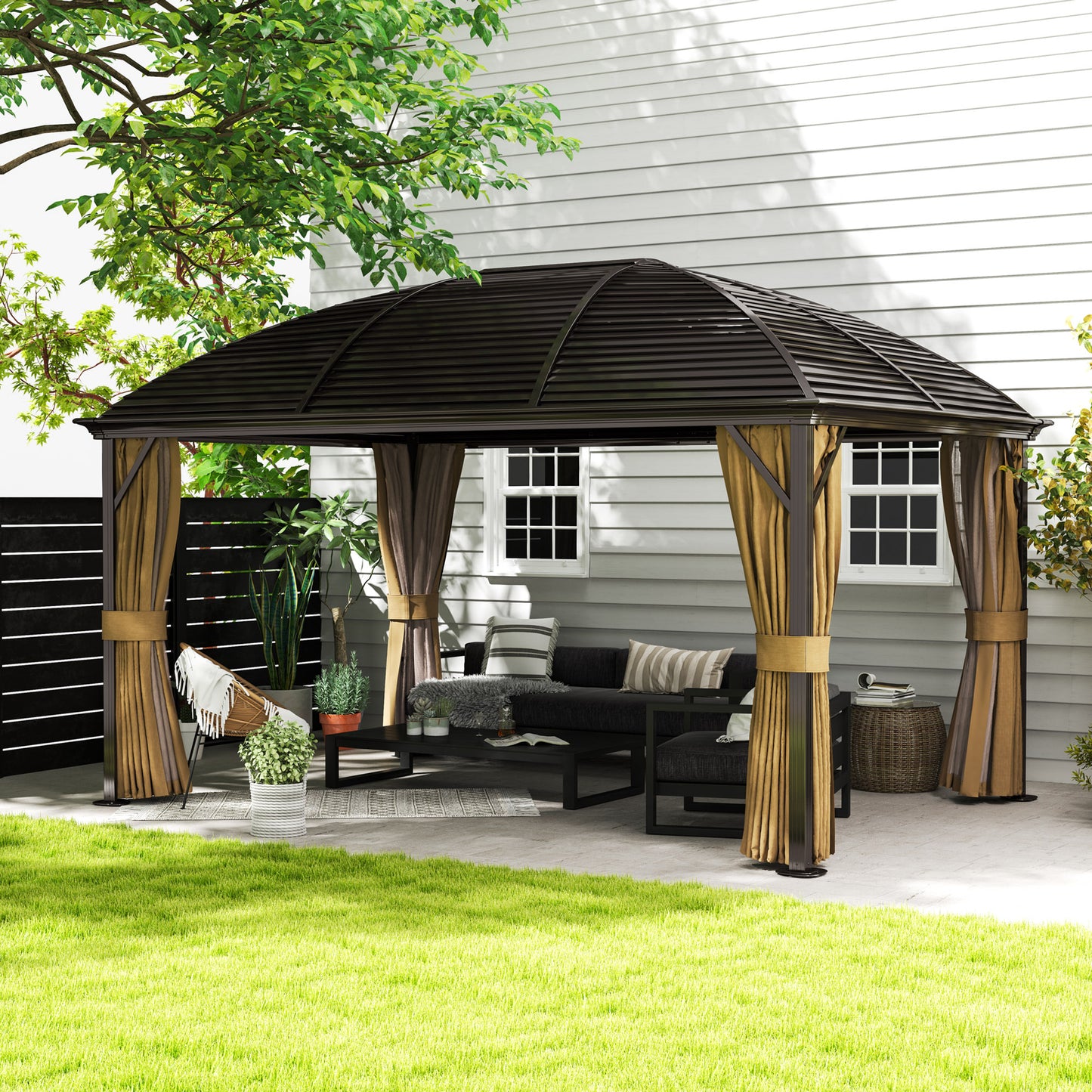 Outsunny 3 x 4m Hardtop Gazebo Canopy with Metal Roof, Aluminium Gazebo Permanent Pavilion with Netting and Curtains, Brown