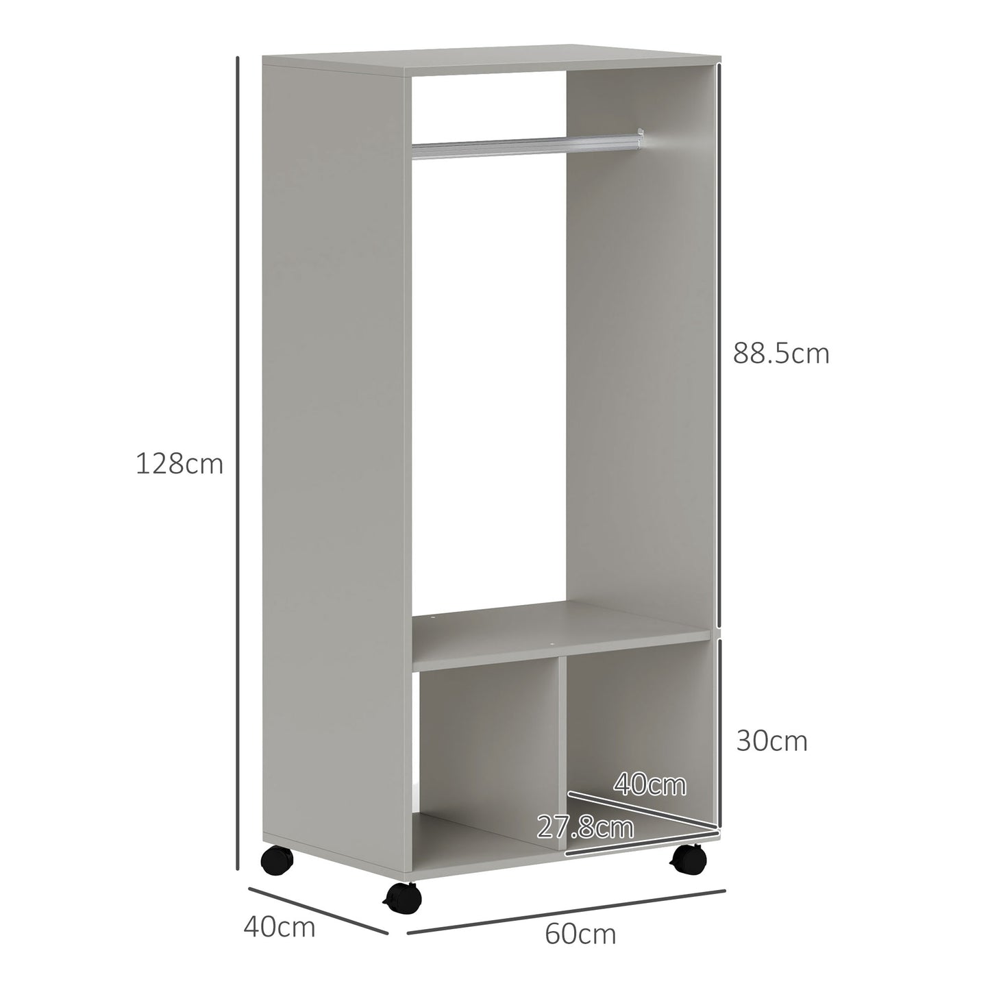 Open Wardrobe for Bedroom, Small Wardrobe on Wheels W/ Clothes Rail, Storage Shelves, Mobile Garment Rack Cloakroom, Hallway, Grey
