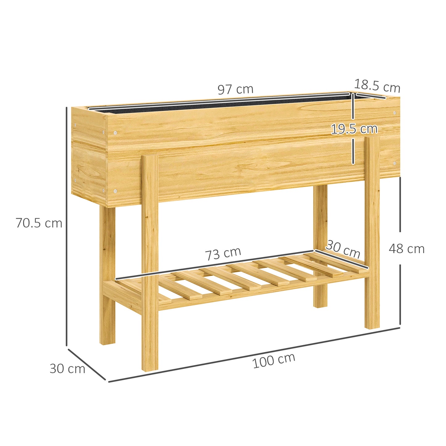 Wooden Raised Garden Bed, Elevated Planter Box with Bed Liner, Drainage Holes and Storage Shelf, Raised Planter for Vegetables, Flowers, Herbs, Natural Wood Finish