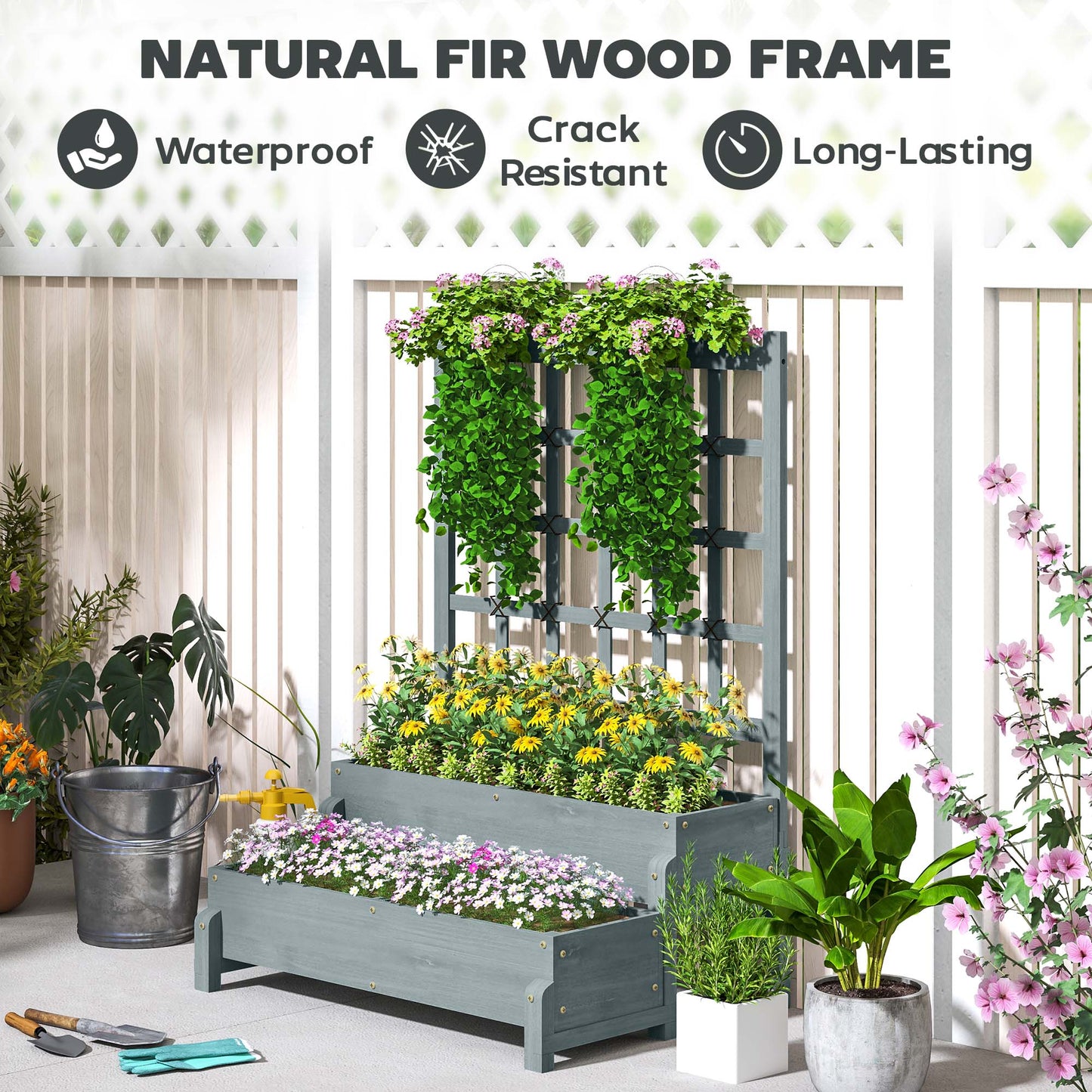 2-Tier Raised Garden Bed with Trellis, Wooden Elevated Planter Box Outdoor Raised Planter for Climbing Plants, Fruits, Vegetables, Flowers, Grey