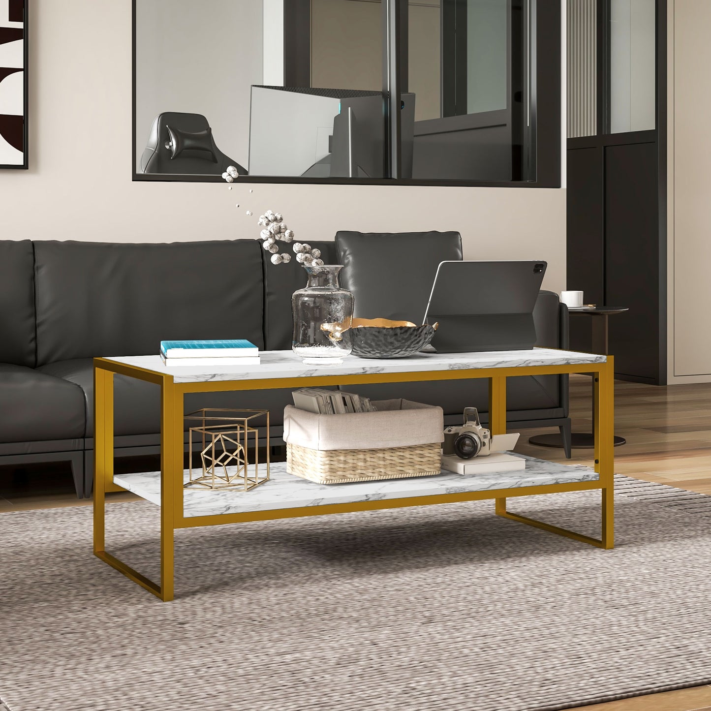 Two-Tier Coffee Table, Modern Marble Effect Center Table with Storage Shelf and Metal Frame, Tea Table for Living Room, White