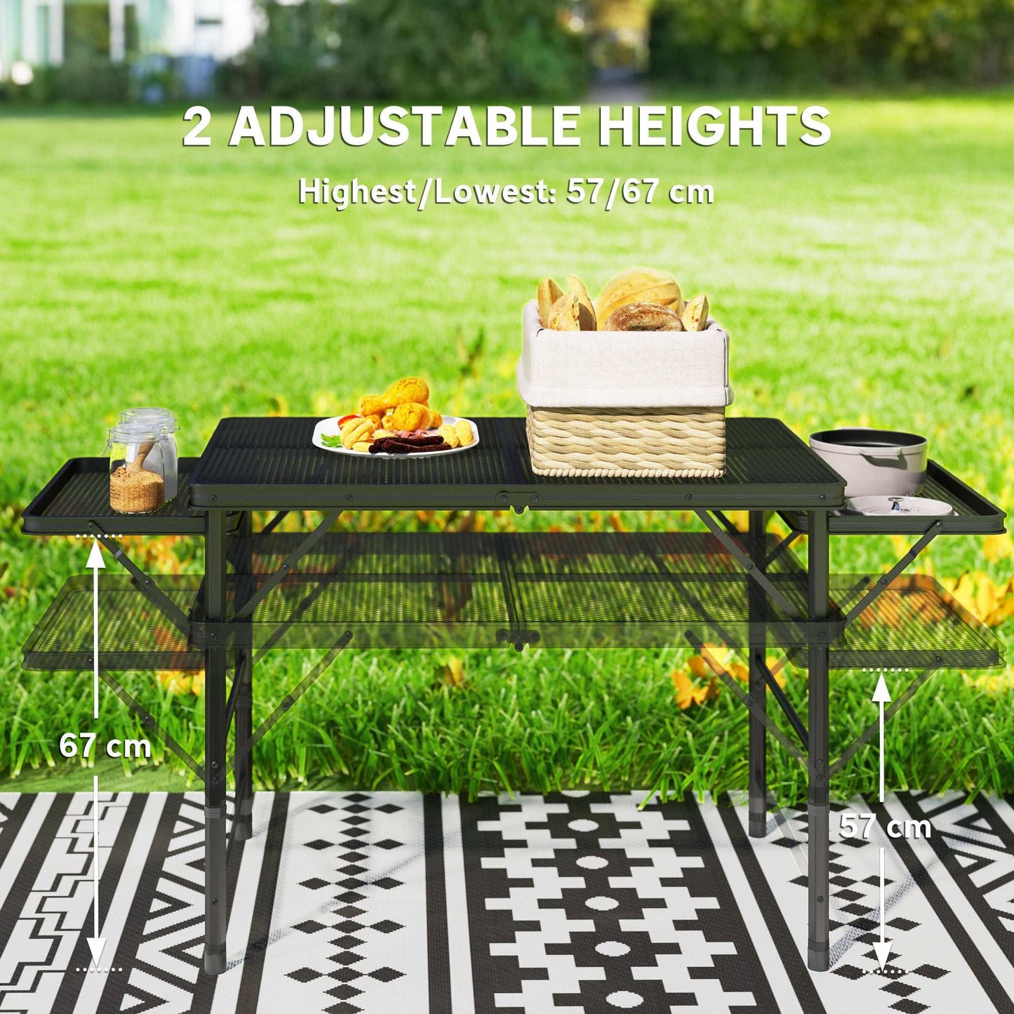 Folding Grill Table, 4.5ft Portable Camping Table with 2 Wing Panels, Height Adjustable Metal Picnic Table for Camping, Picnic and BBQ, Black