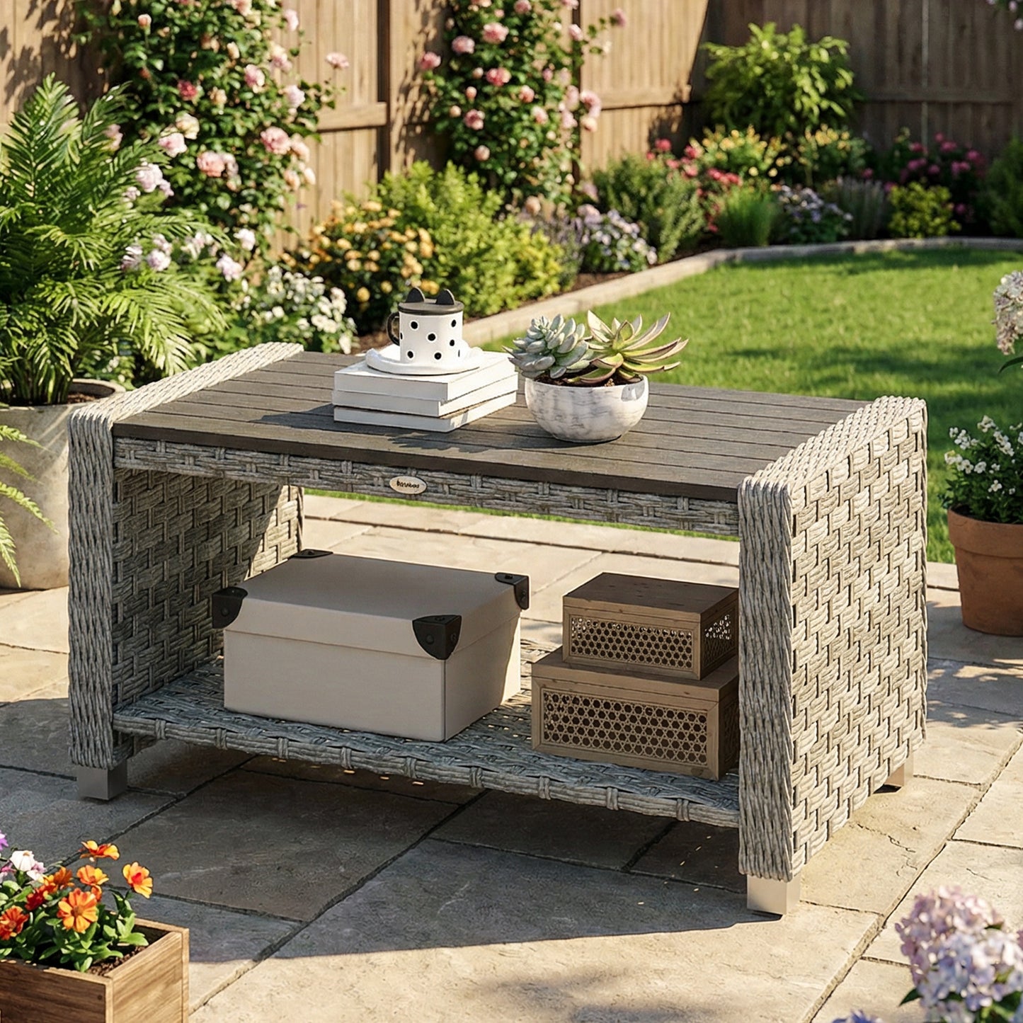 2-Tier Rattan Garden Coffee Table | PS Waterproof Top | Storage Shelf | 50kg | Foot Pads | Grey