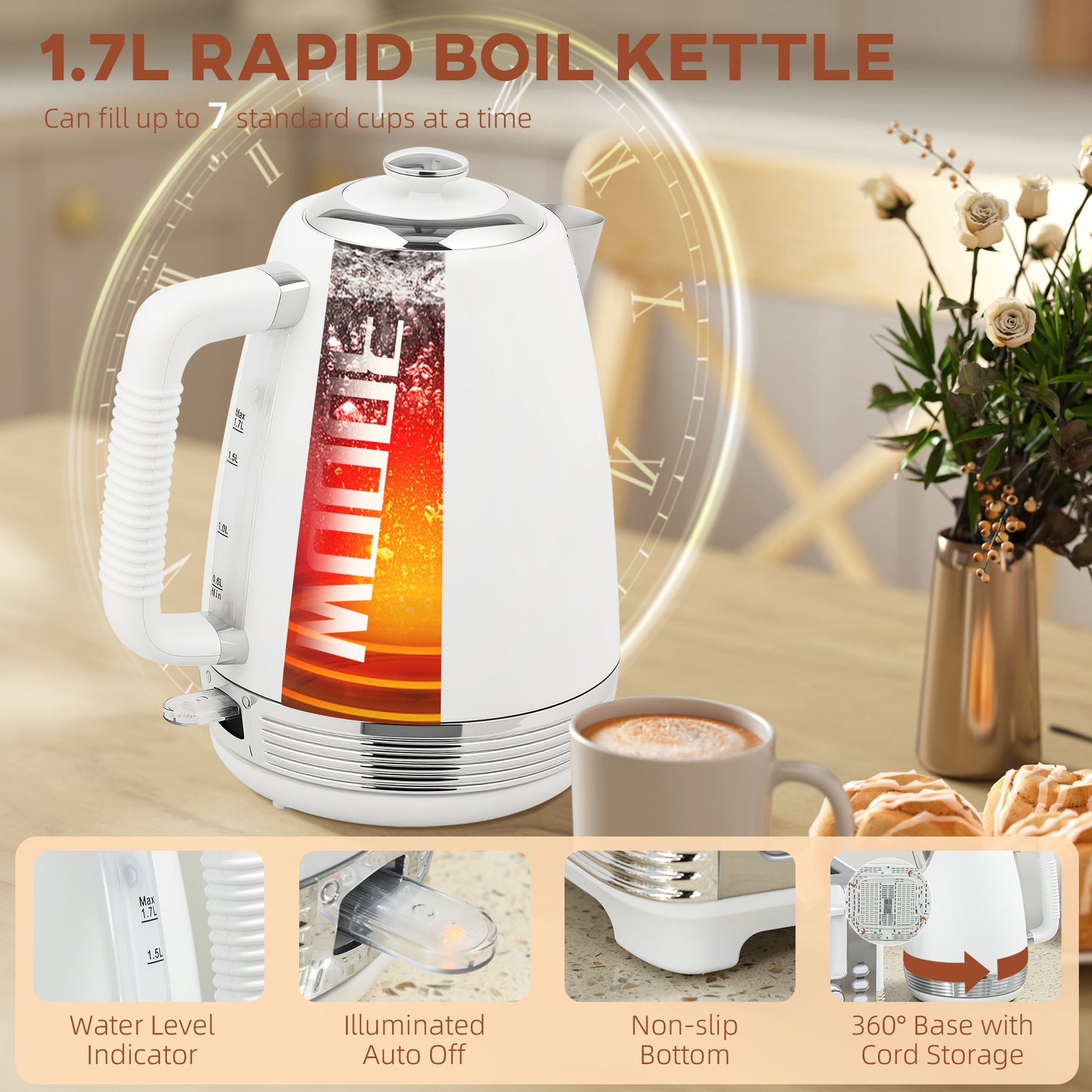 Stainless Steel Kettle and Toaster Set, 1.7L 3000W Rapid Boil Jug Kettle with UK Strix Thermostat, Limescale Filter, 4 Slice Toaster with 7 Browning Controls