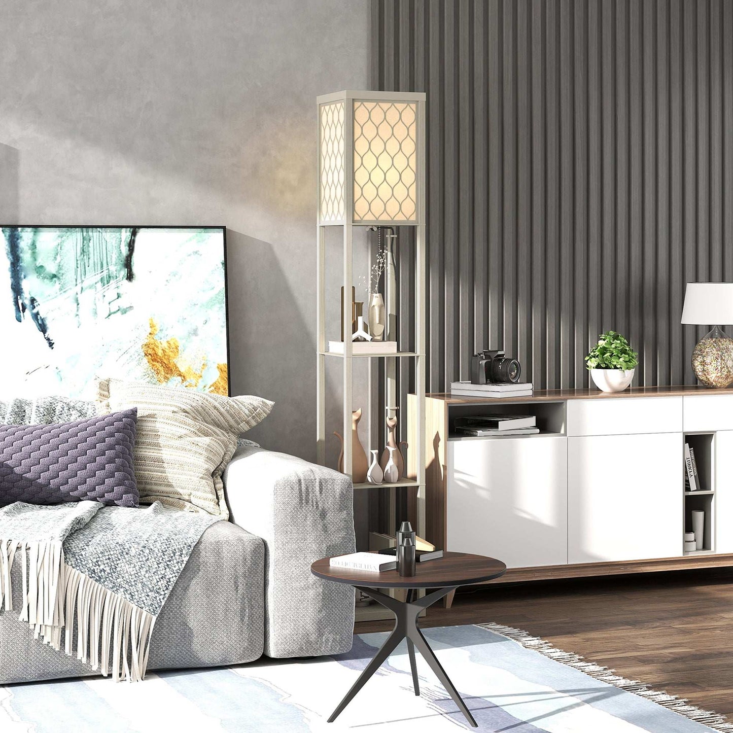 Three-Shelf Standing Lamp - Oak/White