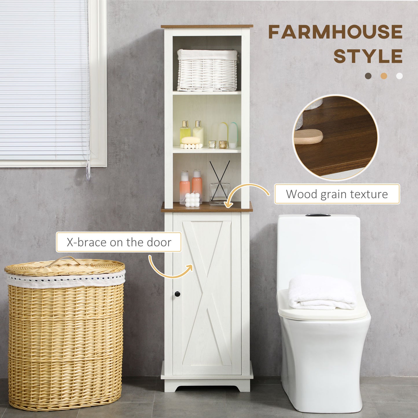 2 Piece Bathroom Furniture Set, Tall Bathroom Cabinet W/ Adjustable Shelves, Under Sink Cabinet W/ Cupboard and Open Shelf, Ash Effect