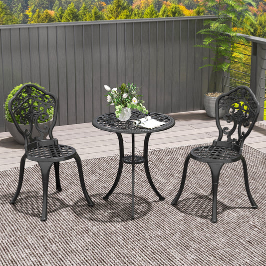 3 Piece Cast Aluminium Garden Bistro Set for 2 with Parasol Hole, Outdoor Coffee Table Set, Two Armless Chairs and Round Coffee Table