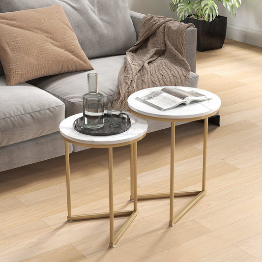 Set of Two Marble-Effect Nest of Tables - White/Gold-Tone