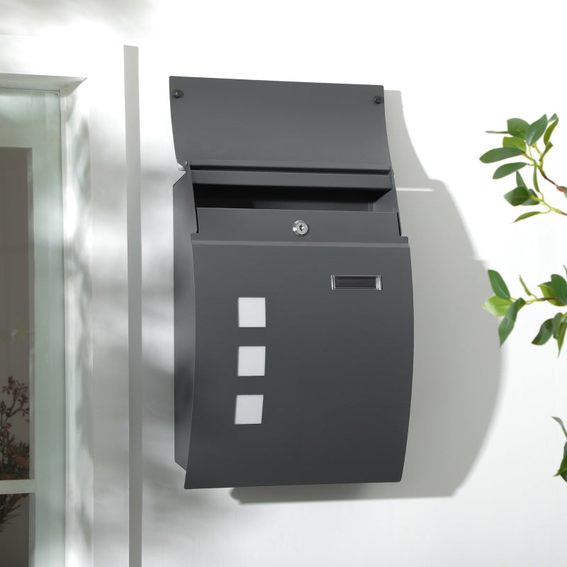 Wall Mounted Letter Box, Weatherproof Post Box For Outside Wall, Modern Mailbox with 2 Keys and Nameplate, Anthracite Grey