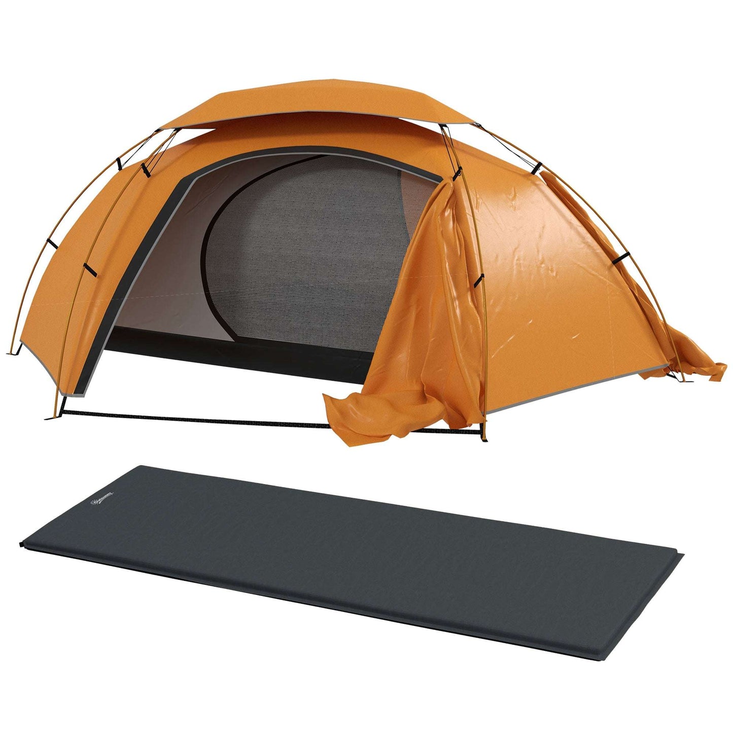 Outsunny Camping Dome Tent W/ Self Inflatable Mattress, 1 Person, Removable Rainfly, 2000mm Waterproof, Portable W/ Bags for Fishing Hiking